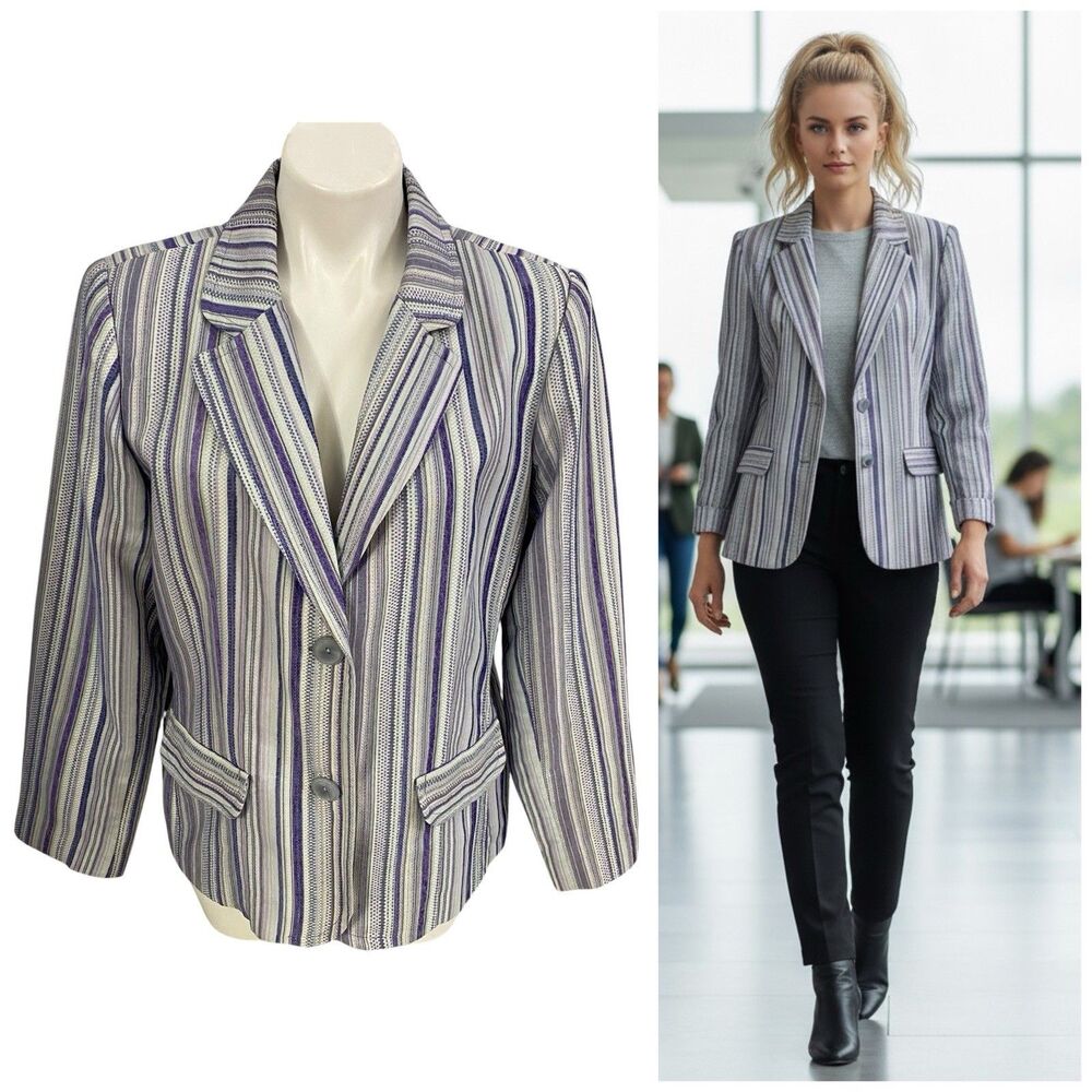Dialogue Blazer Womens Large Purple  Stripe Jacket Business Casual Work Preppy